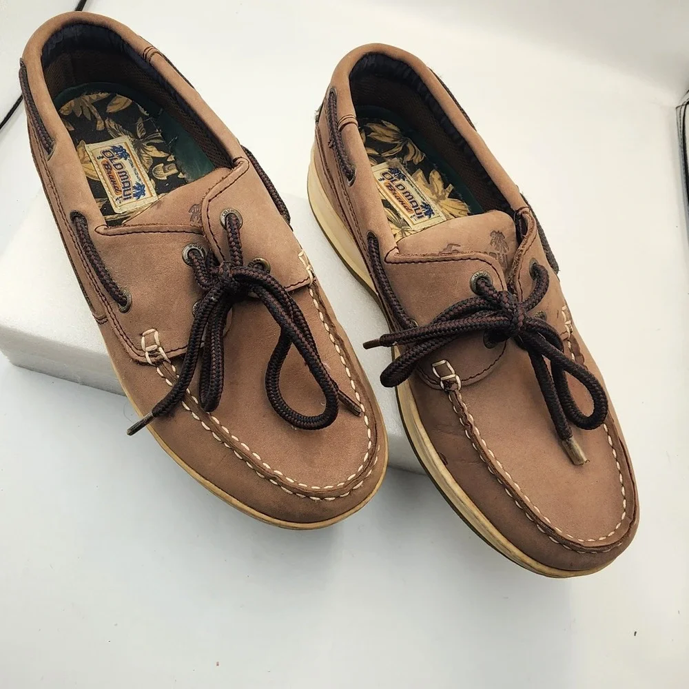 Old‎ Maui Brand Mens Brown Leather Boat Shoes Loafers Size 9 2085BRN Palm Tree
